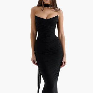 House of CB Hallie Strapless Corset Top with Scarf and Cassidy Ruched Maxi Skirt